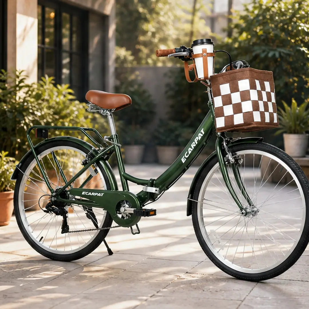 26 Inch Folding City Commuter Bike for Adults, Steel Frame Fold Bikes with 7 Speeds, Detachable Basket, Cup Holder, Alloy Rims, V-Brakes, Spring Saddle, Multiple Color Options (White/Green Available), Fold Folding Bikes
