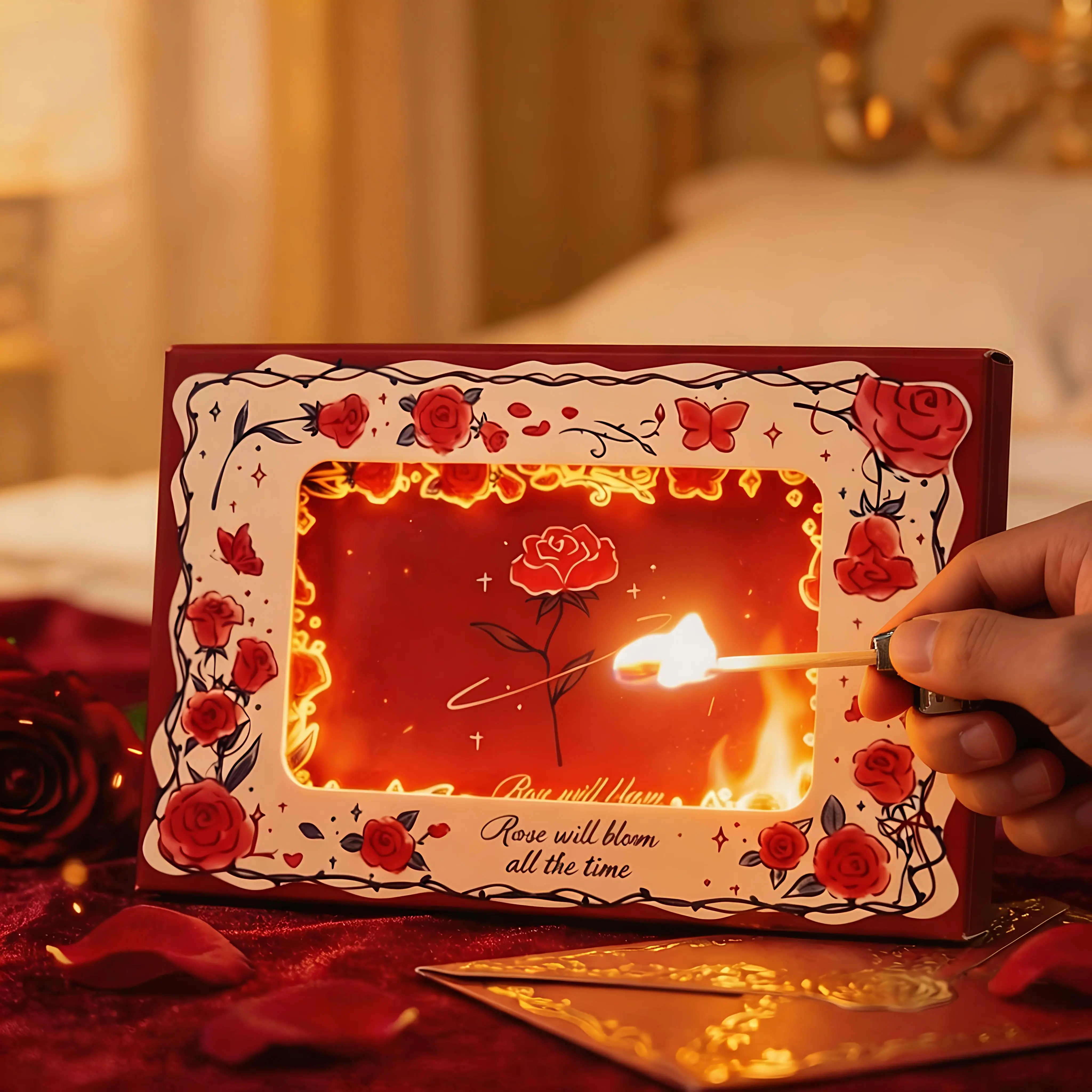 Luxury Shining Rose Design Greeting Cards - Matte Paper, Roses & Butterflies, Personal Message Option, Flame-Resist Window Feature - Mother's Day Card Gift for Girlfriend, Wife | Birthday, Valentine’s Day, Mothers Day Card