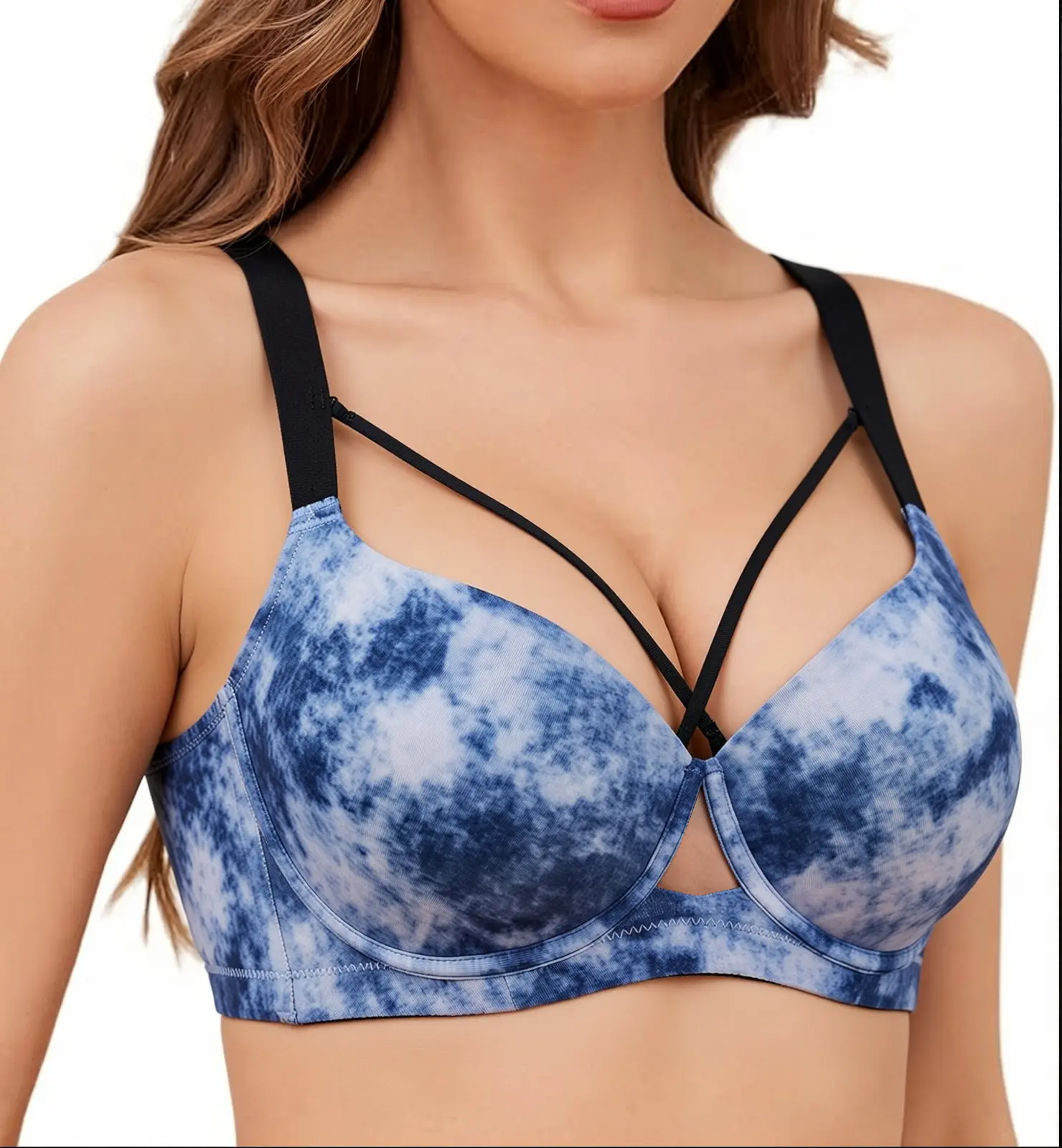 WMBras Pretty Blue Tie-Dye Push Up Underwire Bra for Women Soft Mesh Wings Unlined 3/4 Cup Deep V T-Shirt Bra with Adjustable Straps Everyday supportive tshirt