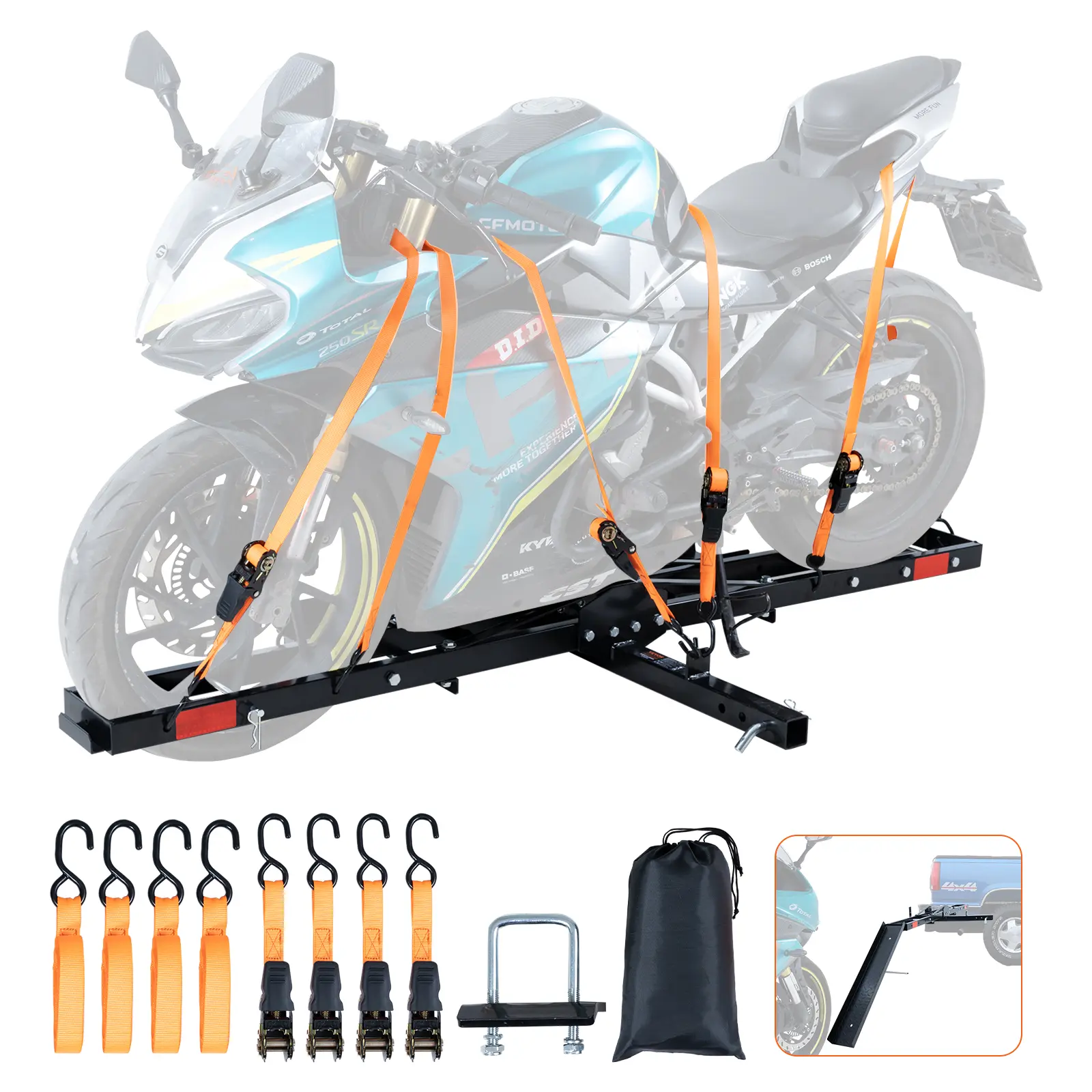 VEVOR Motorcycle Carrier,  600 LBS Steel Motorcycle Carrier Hitch Mount with Loading Ramp, Scooter Dirt Bike Trailer Hauler with Ratchet Straps and Stabilizer, for Car, Truck with 2" Hitch Receiver