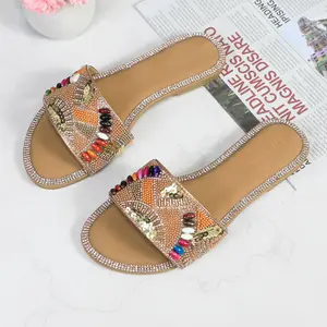Women's Glittery Rhinestone-Sequin Slide Sandals - Classy Flat Heel Footwear with Comfortable Latex Insole, Open-Toe Shoe for Parties, Casual Wear
