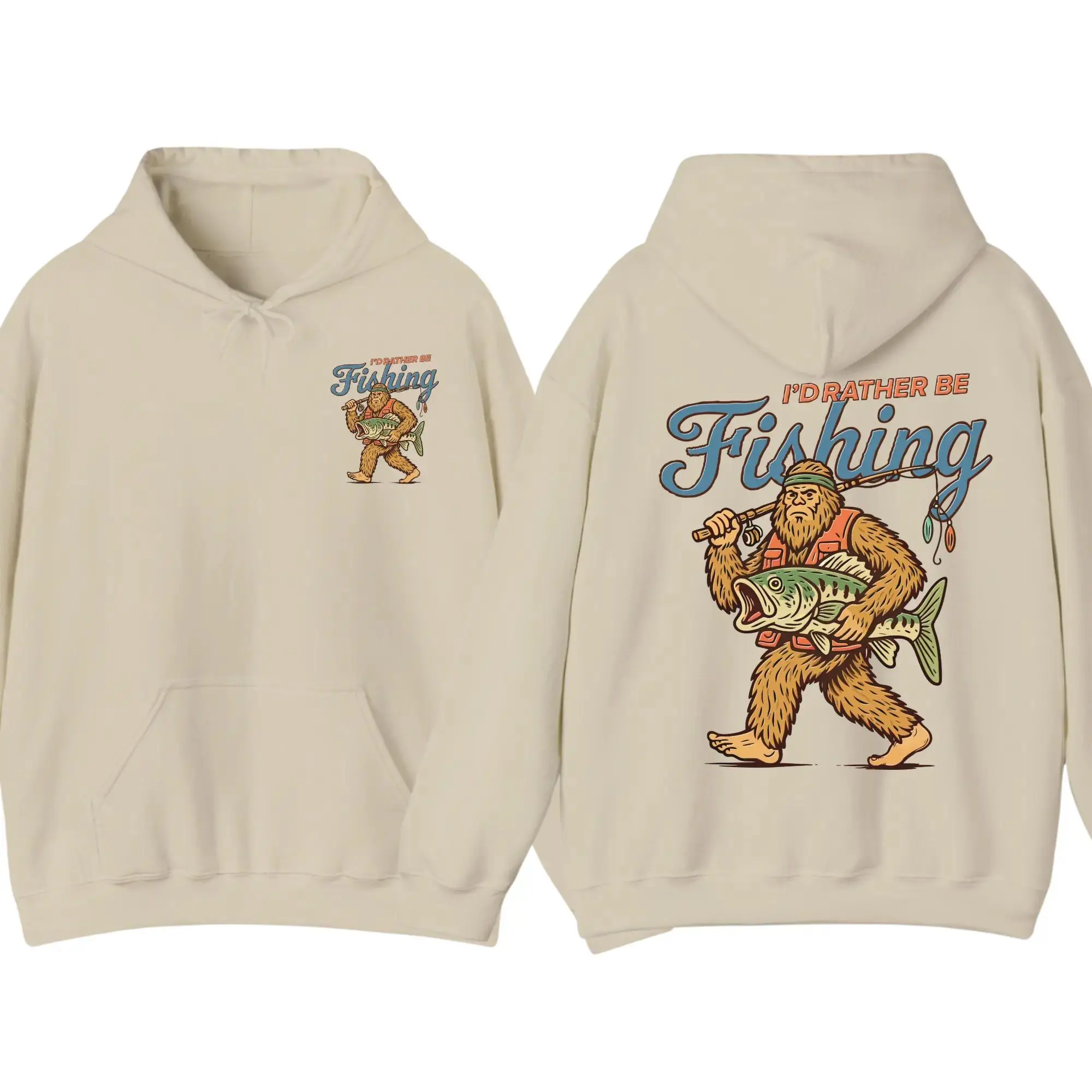 PeakPrint Tees Retro Sasquatch Hoodie, Funny Bigfoot Fishing Graphic Pullover, I’d Rather Be Fishing Hoodie, Vintage Cryptidcore Streetwear, Fisherman Gift Casual Hoodie