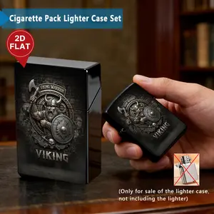 Viking Warrior Plastic Cigarette Case + Metal Lighter Shell Set, Norse Axe Shield Skull Design, Dark Aesthetic Smoke Accessory, Gift for Men