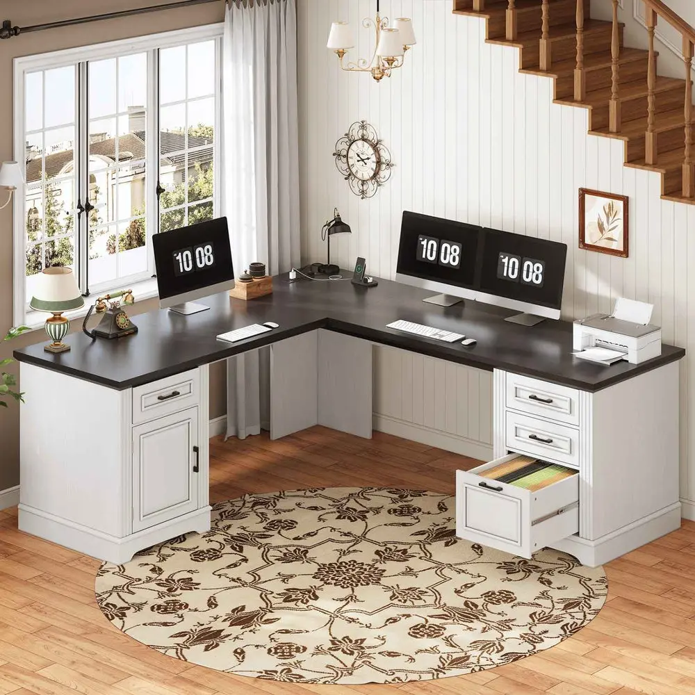 SIKAIC 69 Inches L-Shaped Computer Desk with Storage Drawers, White Frame with Black Top Home Office Workstation, Height Adjustable Executive Desk