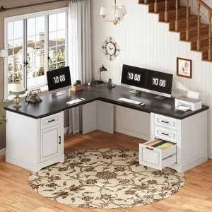 69 Inches L-Shaped Computer Desk White with Storage Drawers Black Top for Home Office Use Wood Workstation Adjustable Height Table