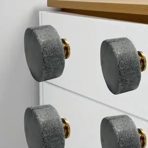 HomeRoots 635784 Gray Stone Disc-Shape Drawer Pull Knobs, Silver Hardware Doorknobs - Set of 6
