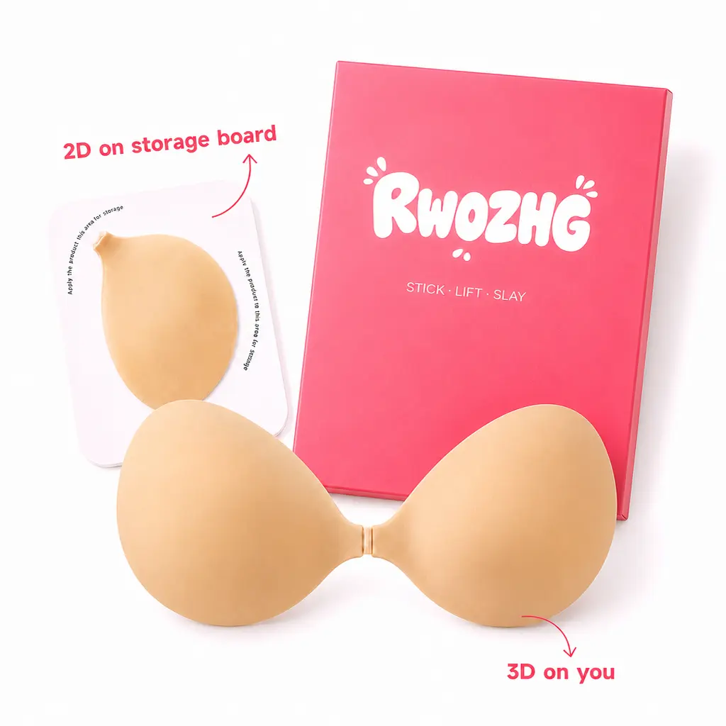 RWOZHG Sticky Bra – Reusable Silicone Adhesive Push Up Bra for Women, Waterproof & Sweatproof Invisible Strapless Bra for Backless Dresses, Includes Storage Board & Replacement Pads