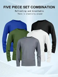 5 Piece Men's Quick Dry Long Sleeve Shirt - Moisturewicking, breathable polyester, crew neck, Outdoorfun,solid color casualsportswear, machine washable, moisture wicking garmentsCrew Neck T-Shirt |   Stretchable Material Fathersdaygift