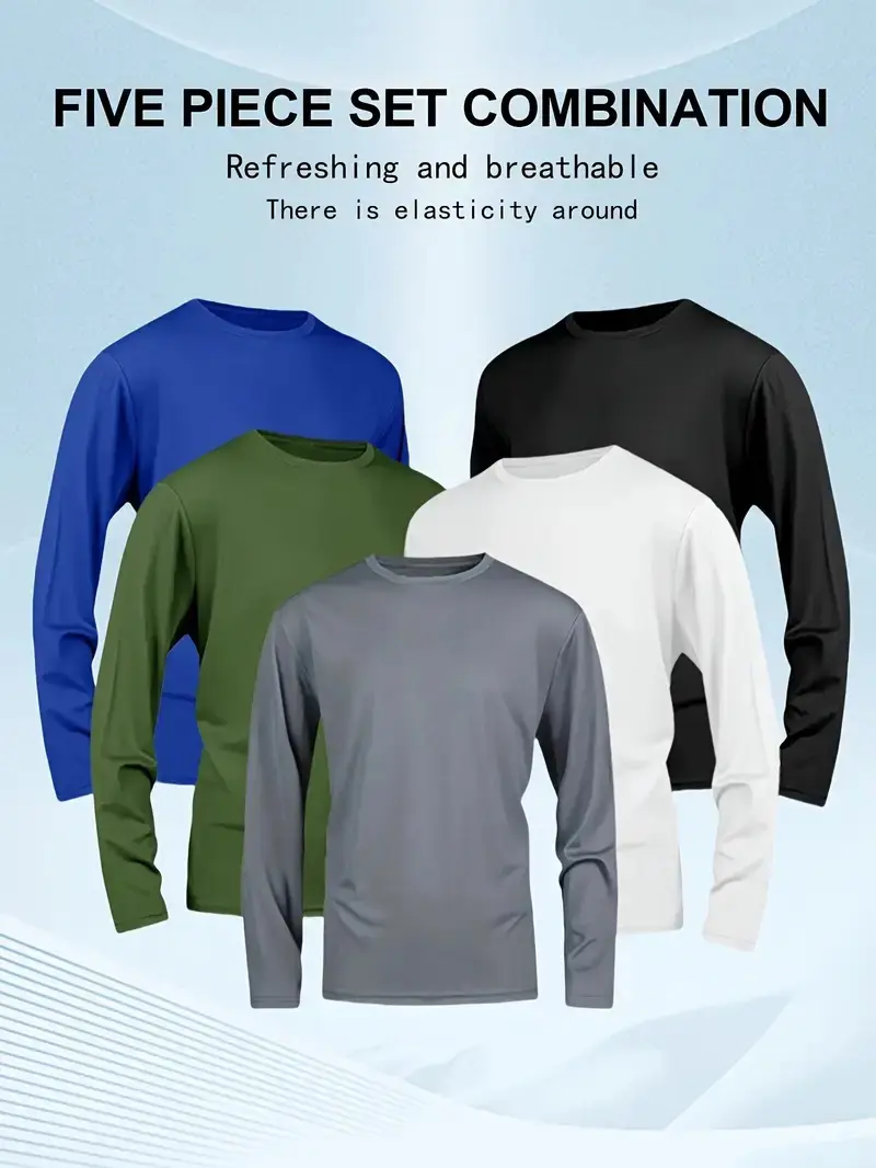 Men's 5 Piece Quick Dry Long Sleeve Shirt - Moisturewicking, Breathable Polyester, Crew Neck, Solid Color, Casual Sportswear, Machine Washable gym shirts workout clothes men gym  shirts