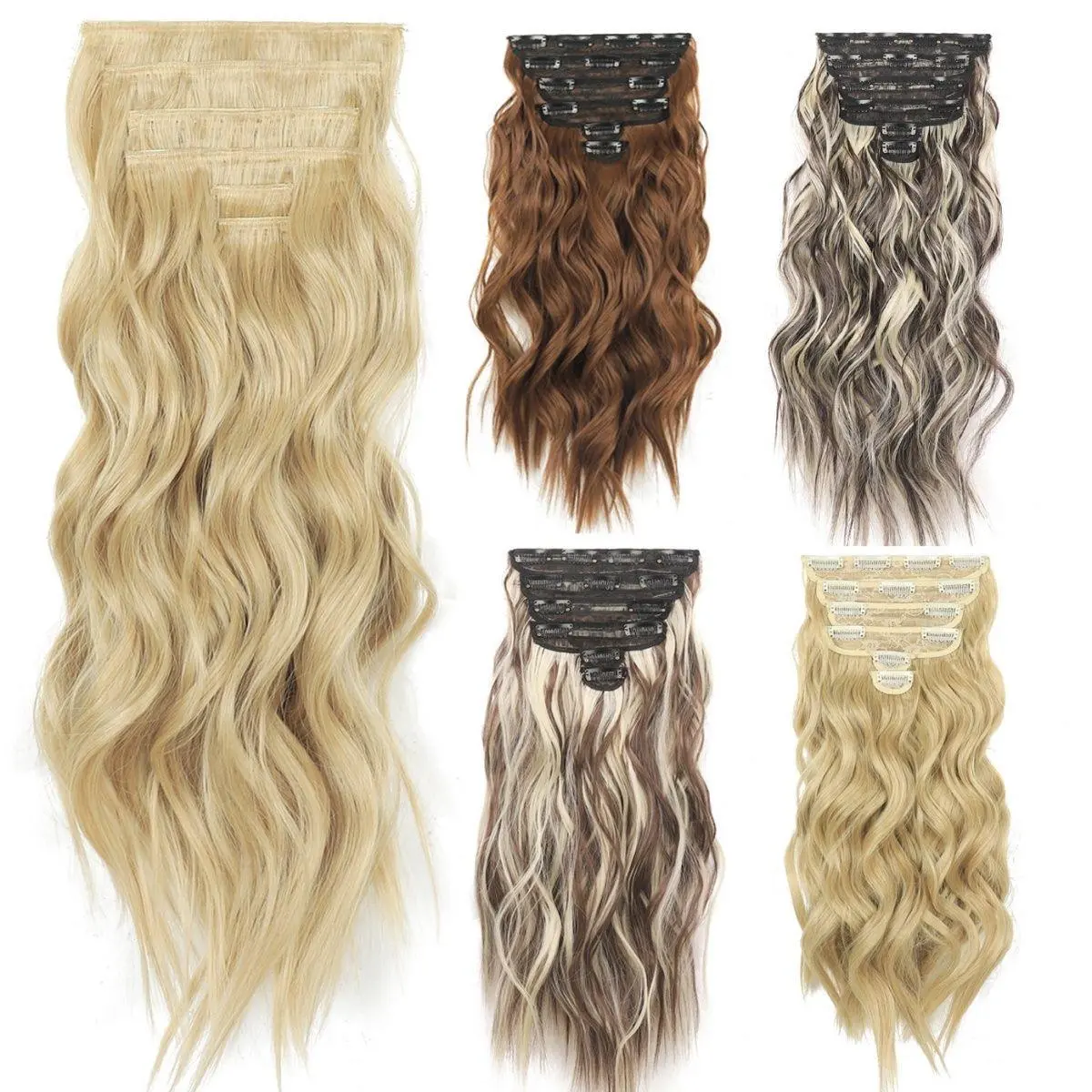 Women's 6pcs Clip-In Synthetic Fiber Extensions - 21-In Silver Gray Wavy Clip Hair Extensions, Lightweight Full Volume Full Head Thick Hairpieces Set with Comb & Satin Ribbon, for Festivals & Daily Wear