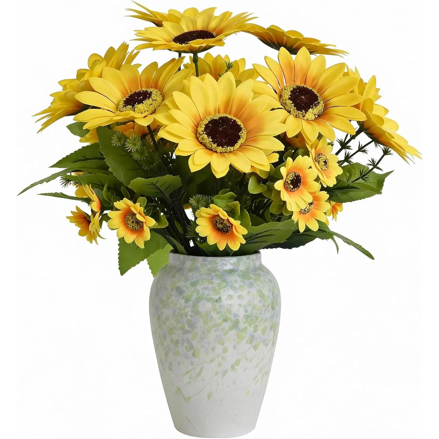 14" Artificial Sunflowers Arrangement in Green & Blue Speckled Ceramic Vase – Faux Sunflower Floral Centerpiece for Spring Home Décor, Tabletop, Shelf & Office Decoration