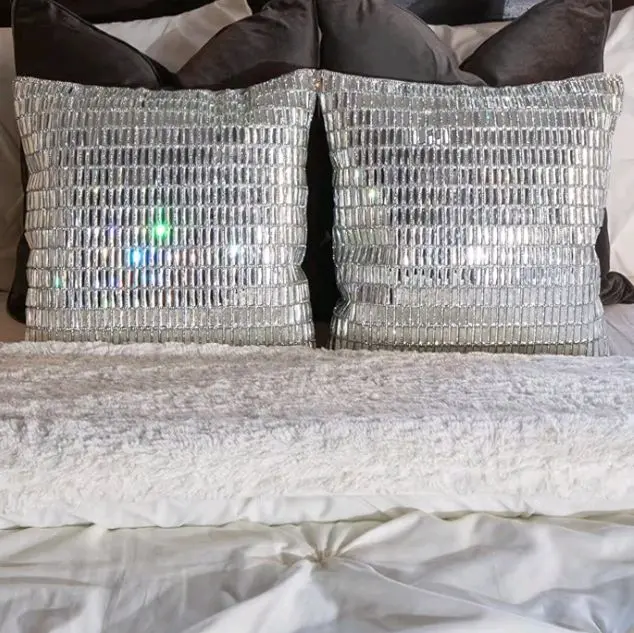 1 Pillow, Velvet Backing, Glass Stones, Dramatic, Hypoallergenic Fiber Insert, for Sophisticated Luxury Home Decor, Silver, 16",