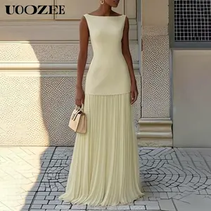 UOOZEE Women's Elegant Pleated Maxi Dress, Sleeveless Polyester Summer Formal Outfit for Wedding Guest, Party