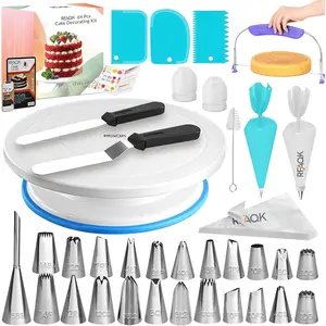 RFAQK 64 Pcs Cake Decorating Kit for Beginners Includes Video Course, Booklet + Baking Supplies Gift - Cake Stand, Leveler, 24 Numbered Piping Tips, Straight & Offset Spatula, & Scraper Sets RFAQK