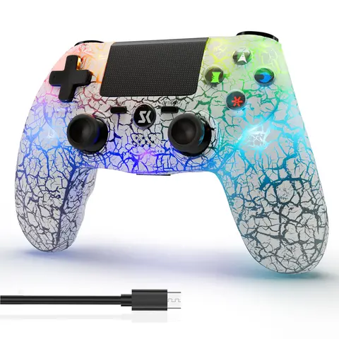 ISHAKO Wireless Controller For PS4/PS3/Android/iOS/PC, Crack Design With RGB Lighting, Dual Vibration, Motion Contrl, 1000mAh Battery, Speaker, Audio Jack, PS415 White, Accessories, Game Peripherals