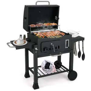 COSTWAY - 24-Inch Barrel Charcoal Grill with 2 Folding Side Tables and 544 sq.in Cooking Area