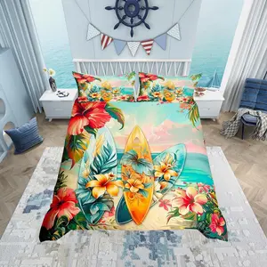 Feelyou Tropical Theme Duvet Cover Set - Bedding with Tropical Palm Tree Leaves, Flowers, Summer Beach Style Comforter Cover for Kids