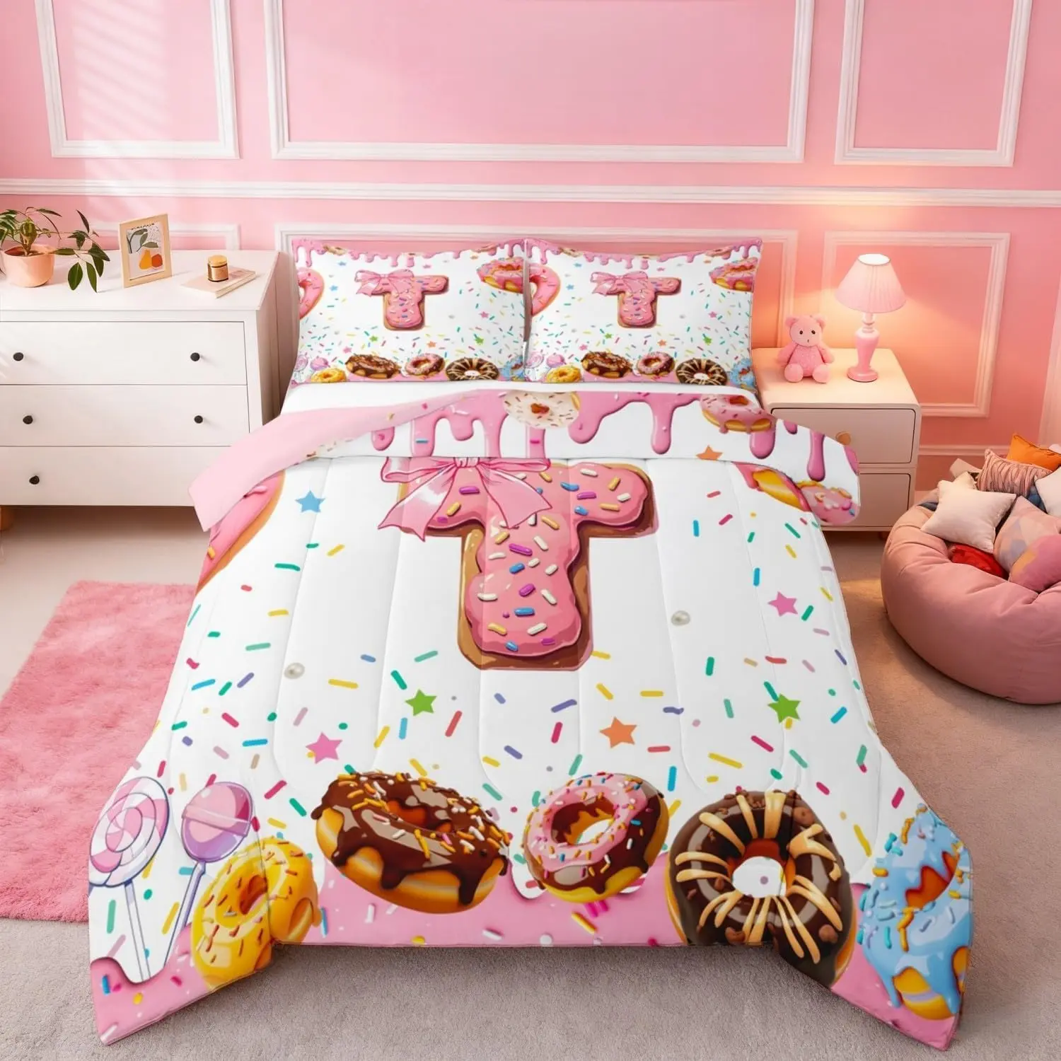 Pink Bow Comforter Set Monogrammed Bedding Sets Personalized Initial T Duvet Insert Colorful White Donut Sweet Candy Quilt Ultra Soft Modern Fashion Bed Set