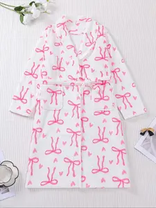 Women's Plush Flannel Robe, Aesthetic Cute Butterfly Knot Print, Soft Comfortable Long Sleeve V Neck, Winter Fitted Casual Home Wear, Holiday Party