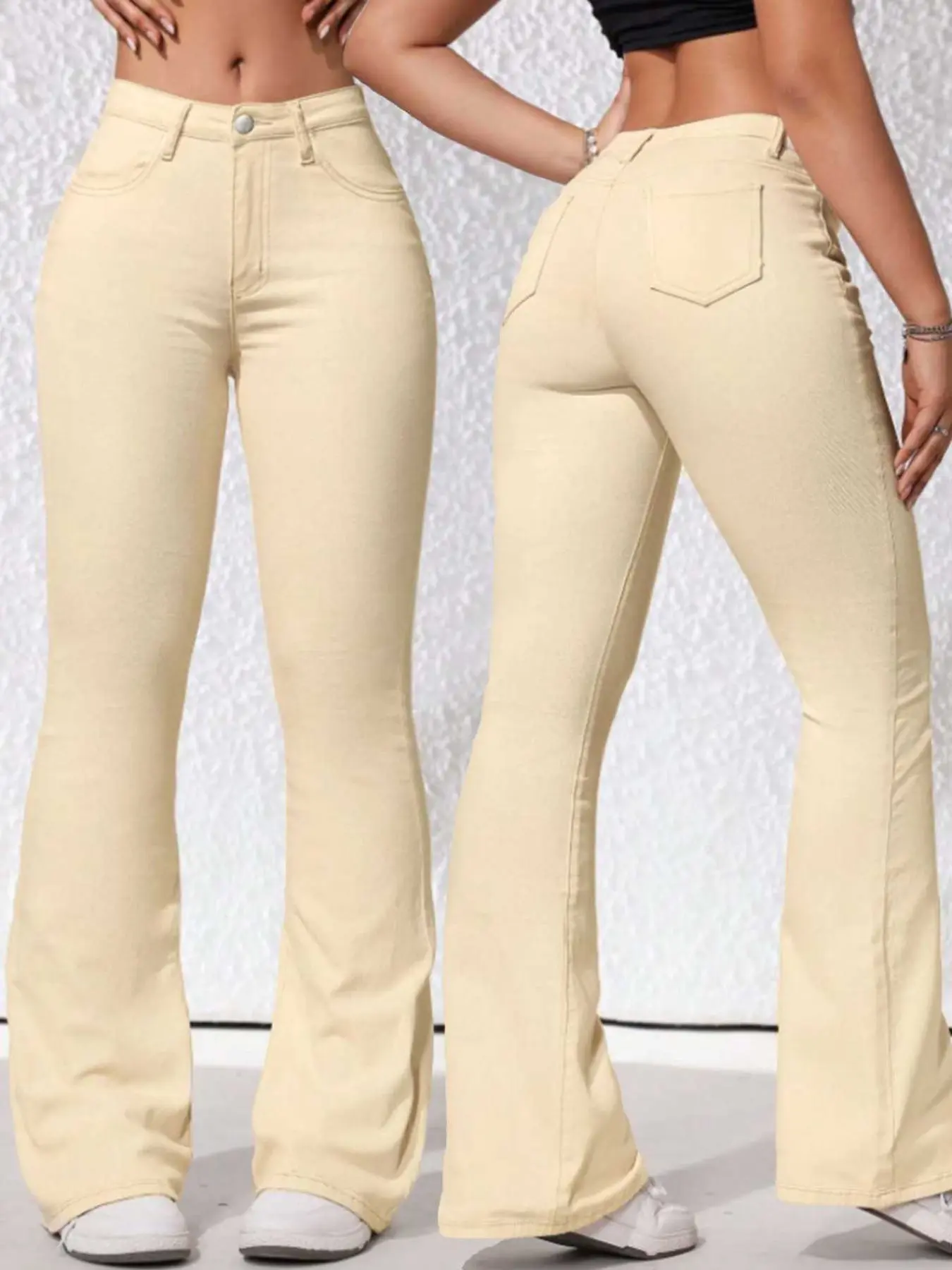 Women's High Waist Elastic Flare Pants, Flared Leg Design, Elegant Slim-Fitting Long Trousers, All Season Plain Pattern, Comfortable and Stylish