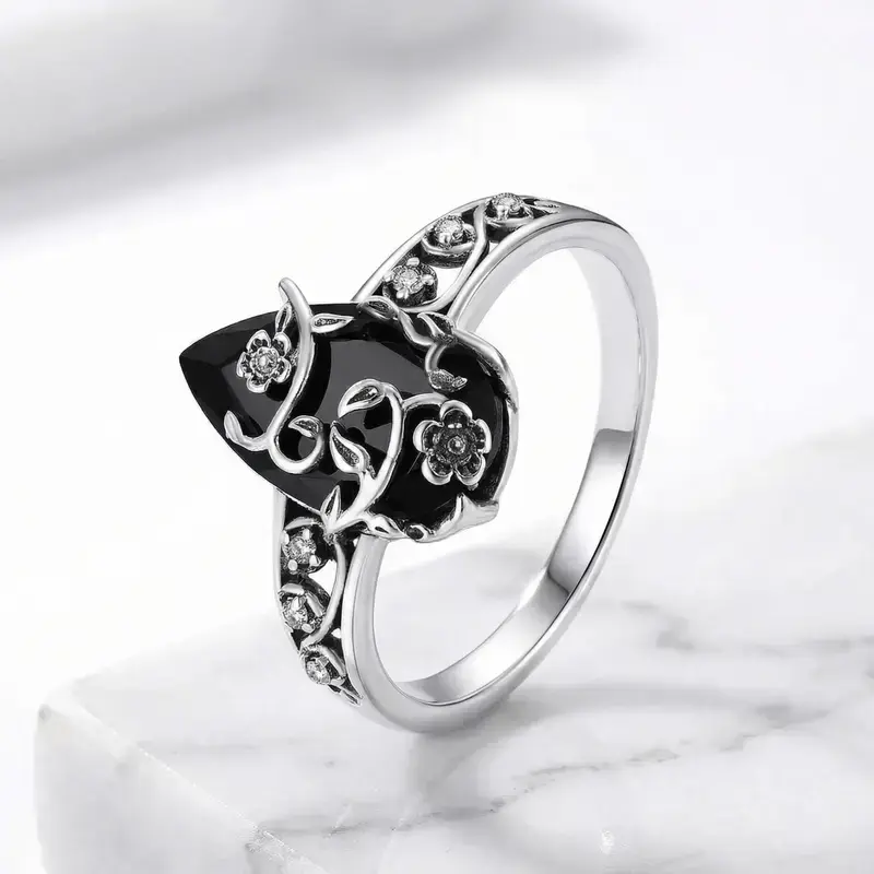 925 Sterling Silver Ring for Women, Vintage Floral Obsidian Band with Lab Created Diamond - Crystal Energy Jewelry, Memorable Present, Women Gifts in Gift Box