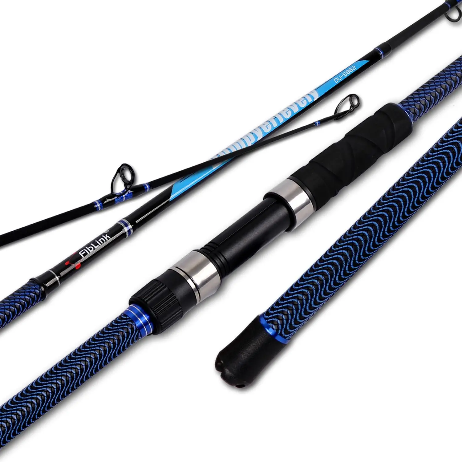 Fiblink Surf Fishing Rod Carbon Surf Spinning Rod Portable Travel Saltwater Beach Blue Surf Rod with SuperPolymer Handle 8'6"/9'/10'/12'/15'