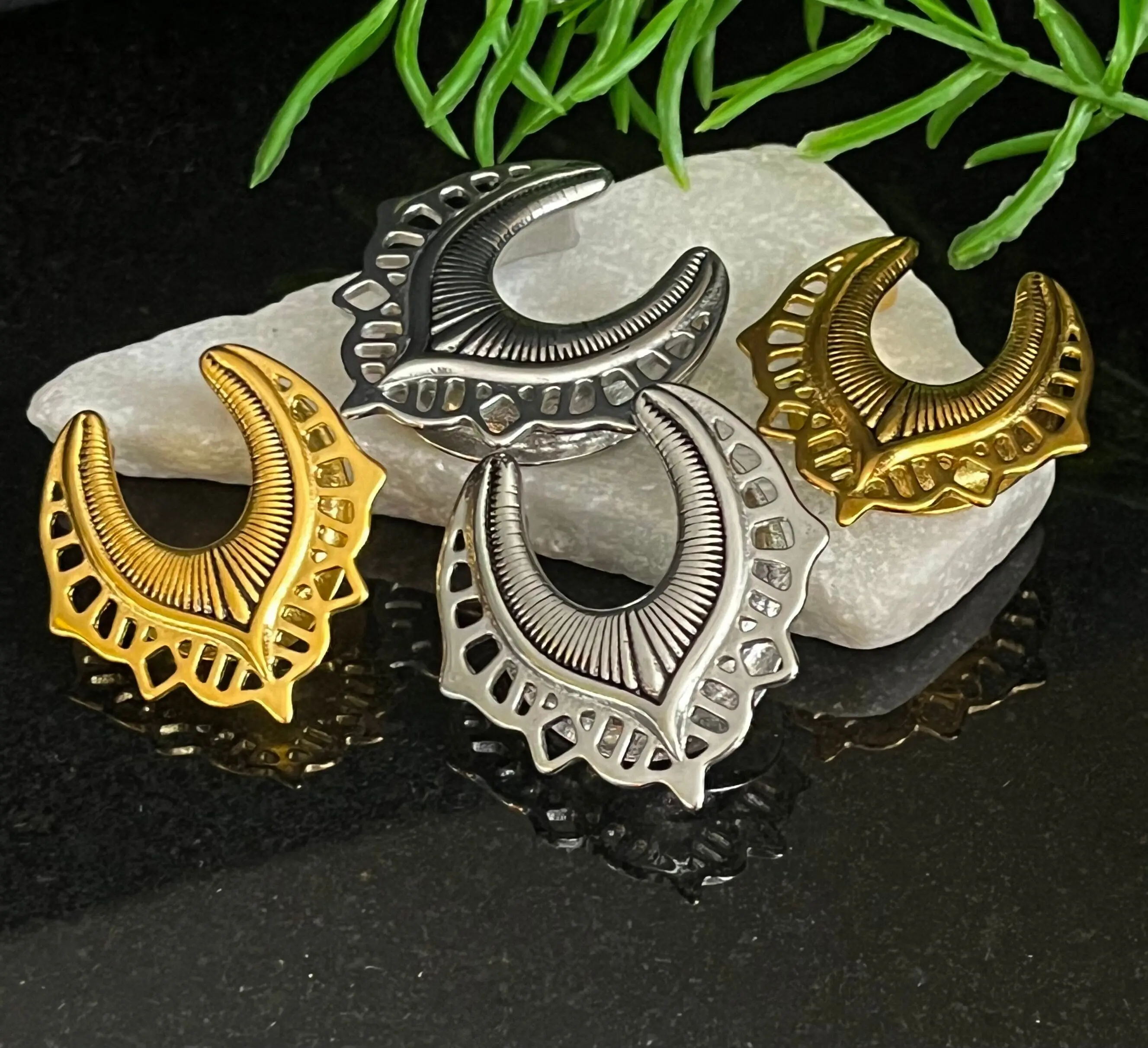 PAIR of Beautiful Wishbone Spine Shield Saddle Surgical Steel Ear Spreader Hanger-Tunnels/Plugs - Gauges 0g (8mm) thru 1" (25mm)