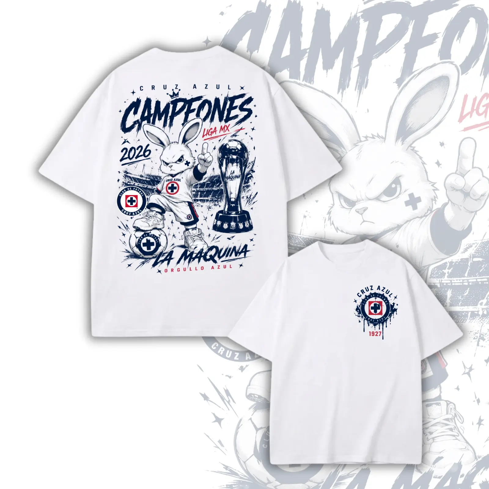 Cruz Azul Campeones 2026 T-Shirt, La Máquina Soccer Fan Graphic Tee, White Double Sided Shirt With Bunny Mascot, Trophy Artwork, Liga MX Football Supporter Gift