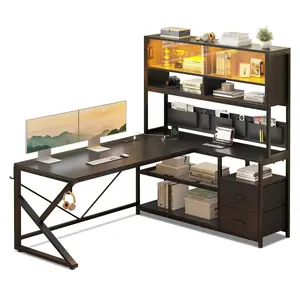 Sikaic LED L Shaped Gaming Desk with 2 Drawer and Bookshelf Black Home Office Workstation