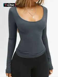 Women's Casual Basic Slim-Fit Long Sleeve Top, Knit, Knitwear, Plain Pattern, Fall Season Wear, Thin Fabric, Lightweight, Square Neckline Design, Womenswear, Lady