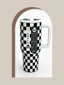 Hydrojug 40-ounce capacity, double-layered stainless steel material, with a flip-top design, featuring leak-proof function, and equipped with rubber pads at the bottom.