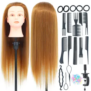 Synthetic Hair Mannequin Head with Long Hair for Hairdresser Training, Cosmetology Doll Head with DIY Braiding Set & Free Table Clamp
