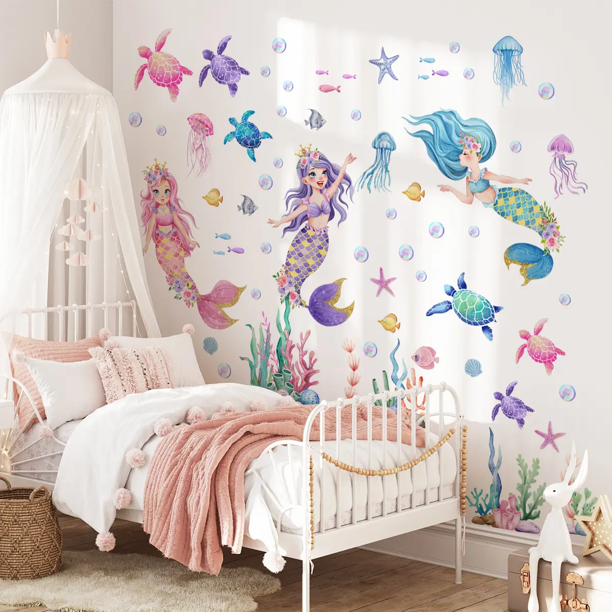 A set (30*90cm*2pcs) colorful dreamy mermaid & marine creature wall stickers DIY Sticker, Decorative Stickers, Funny Stickers for nursery, living room, entrance hallway, kids' room, home decoration and beautification stickers
