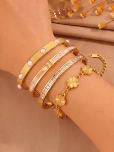 4pcs Stainless Steel Zircon Bracelet Set, Elegant French Style, Perfect for Daily Wear, Parties, Gifts, Includes Beautiful Gift Box