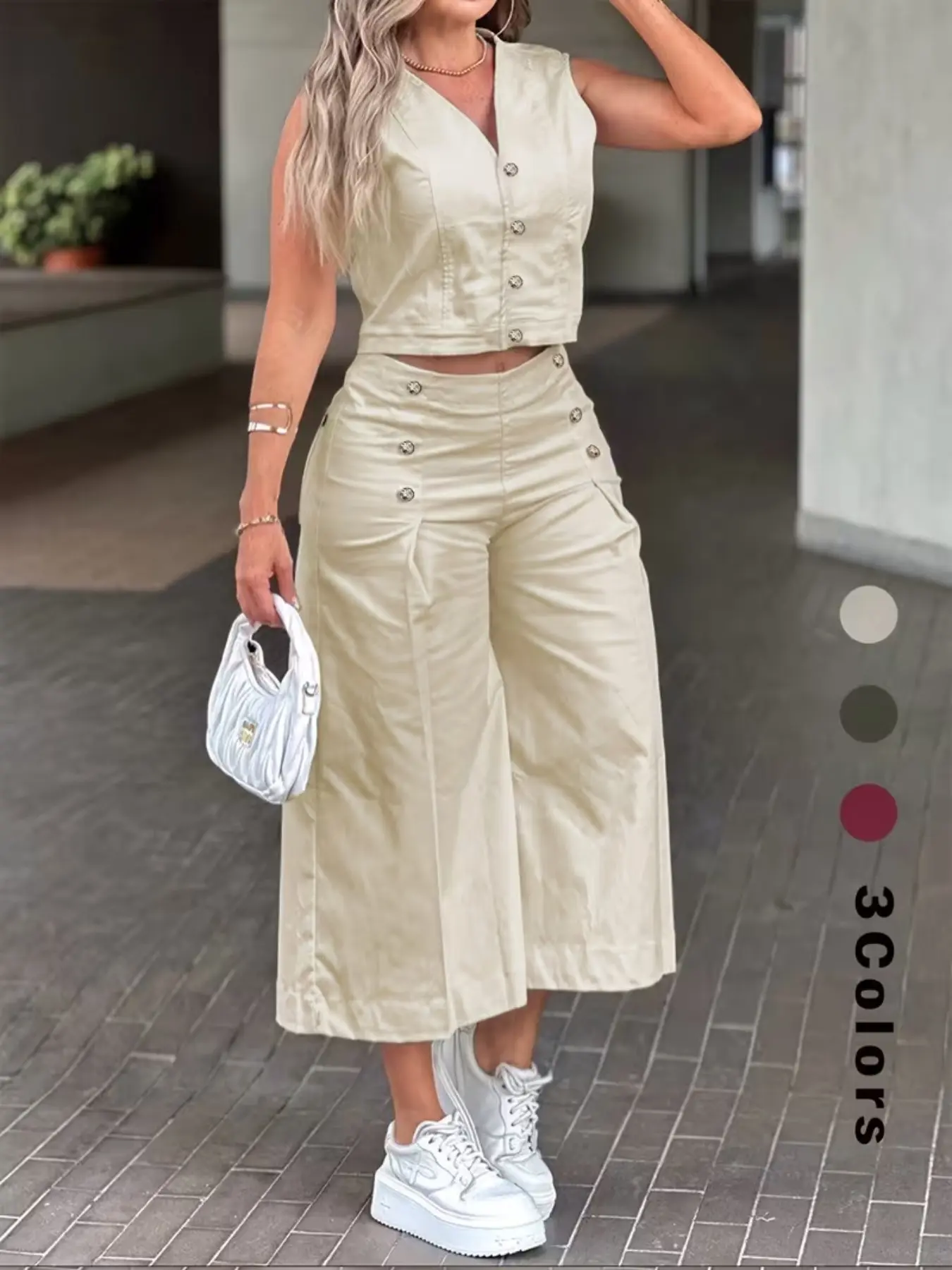 Women's Button Front Sleeveless Vest Top and High Waist Wide Leg Pants Set, Casual Chic Fashion Two-Piece Summer, Perfect for Outdoor Wear, Casual Everyday Set