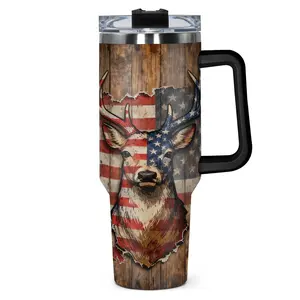 1pc, 40oz/30oz/20oz/14oz Stainless Steel Cup American Flag Deer Double Wall Vacuum Insulated Cup, Leakproof Lid & Carry Handle Travel Mug Insulated Travel Drinkware for Outdoor Camping Hiking, Gift for Dad, Mom, Brother