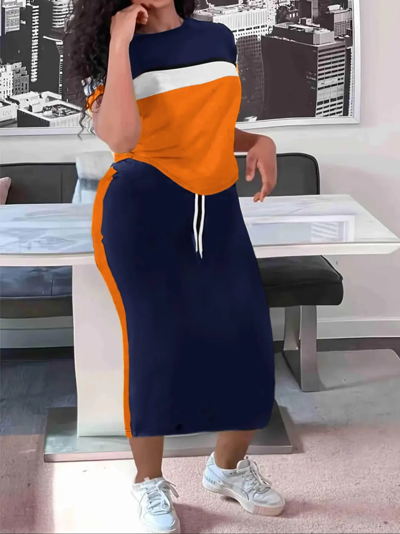 Women's Colorblock Two-Piece Set Casual Short-Sleeve T-Shirt and Skirt Set for Daily Wear, Ladies Summer Clothes, Casual Fashion Set, Skirt Set Outfit