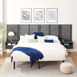 Modway Render Wall Mount King Headboard and Modern Nightstands in Charcoal