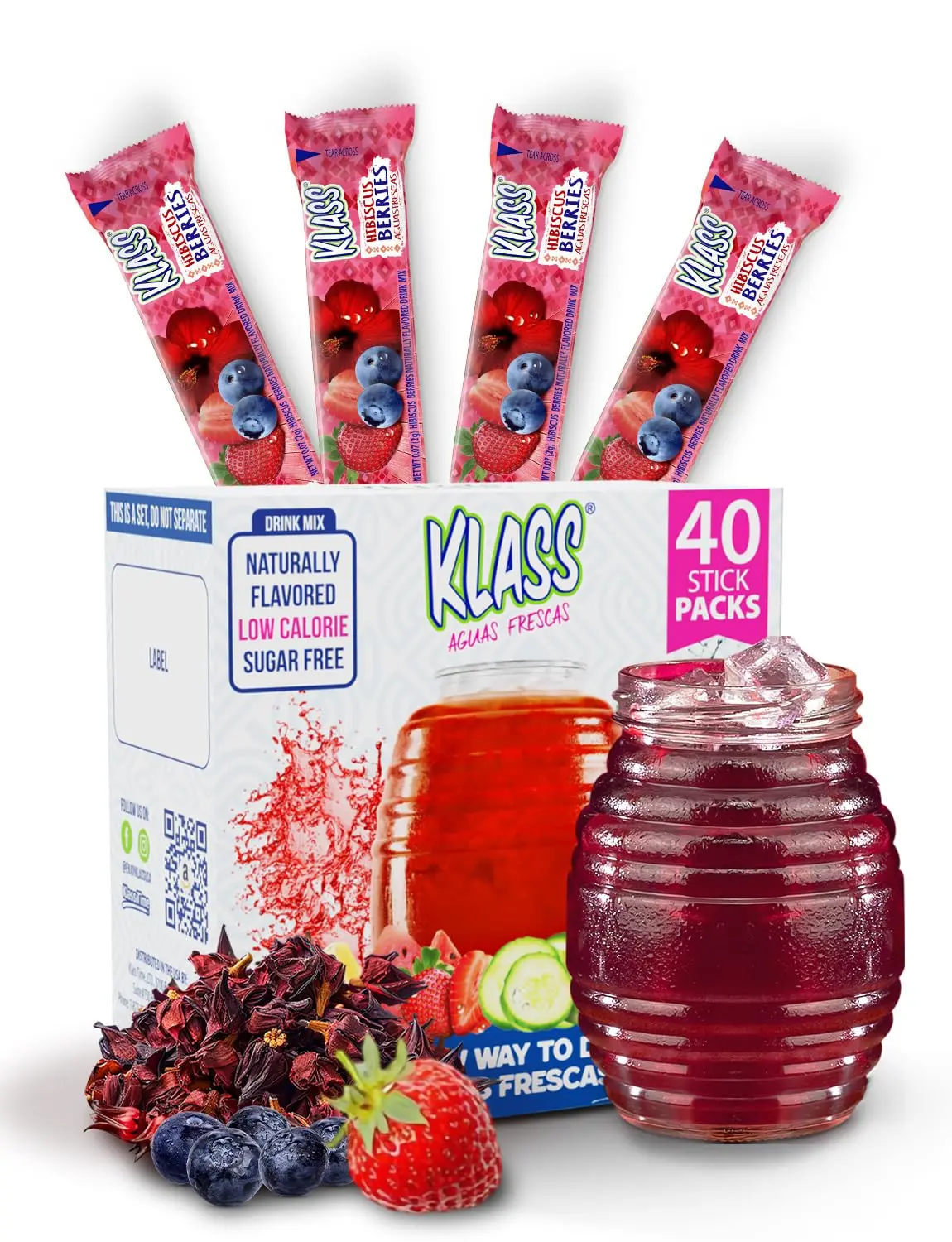 Klass Aguas Frescas Hibiscus Drink Mix Powder 40 Stick Packs, Sugar Free, Caffeine Free, Natural Flavor, 5 Calories Per Serving, Water Flavor Enhancer