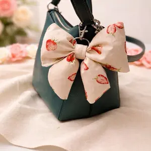 Puffy Bow Keychain – Fabric Bag Charm – Cute Purse Accessory with Strawberry Print – Versatile & Fun for Everyday Use