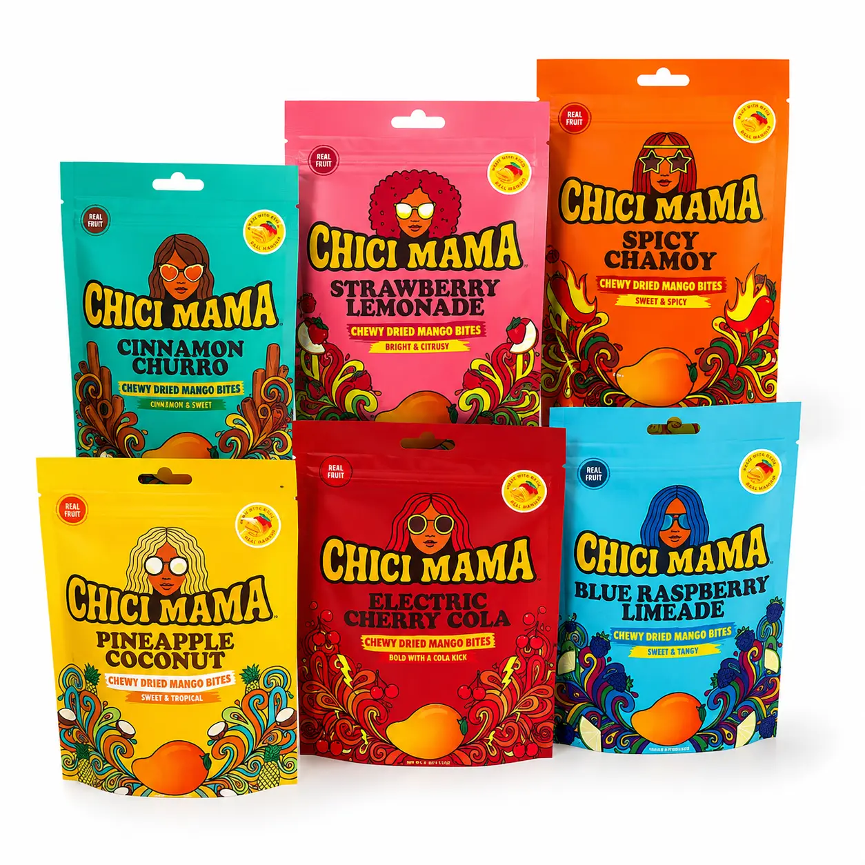 Chici Mama Dried Mango Bites 6-Piece Variety Pack - Re-sealable Bags, Assorted Multiple Fruits-Flavored Snacks, Sweet, Tangy, Spicy Flavors, Food & Beverages Dried Snack