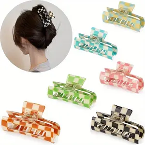 6 pack Hair Claw Clips Rectangle Checkered Hair Jaw Clips Strong Hold Hair Accessories Square Medium Non-Slip Claw Clips for Thin & Thick Hair