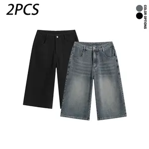 Pack of 2: summer men’s casual retro denim shorts, vintage washed distressed design with pockets; loose fit for everyday casual wear and sports; seven-eighths length denim shorts.