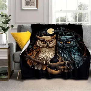 Cozy Owl Moon Pattern Flannel Blanket - Soft, Warm, And Plush, Ideal For Naps, Sofa, Office, Bed, Camping, Travel - Versatile Car And Holiday Gift, Owl Decor