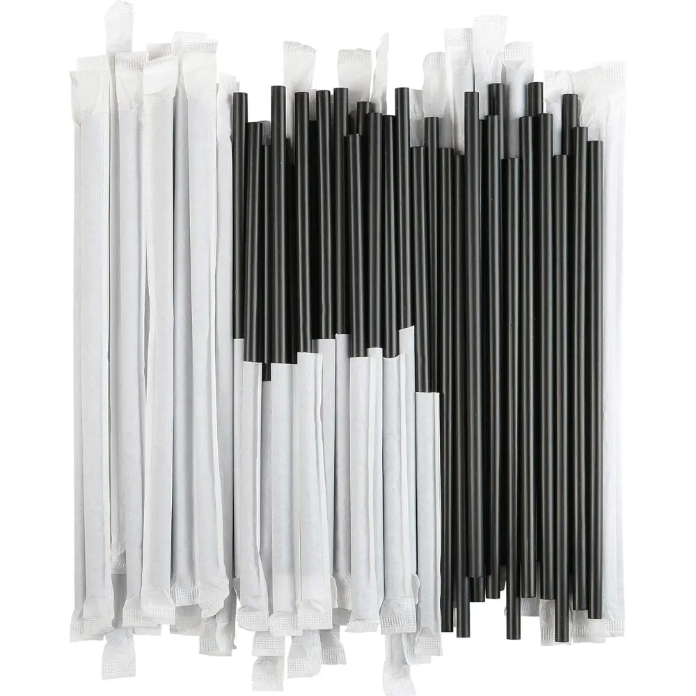 Jumbo Size Individually Paper-Wrapped Straight Disposable Plastic Drinking Straws, 7.75 in Standard Length, Black, 500 Pieces, Drink Accessories for Home Bar Accessories, Paper Wrapped Straws, Individually Wrapped