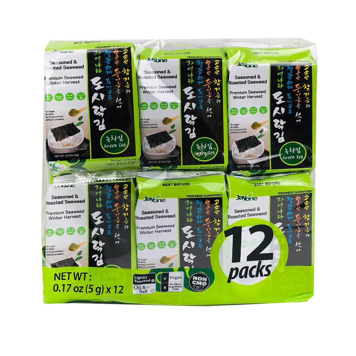 Jayone Roasted Seaweed Snack Green Tea Flavor 12pks 60 g