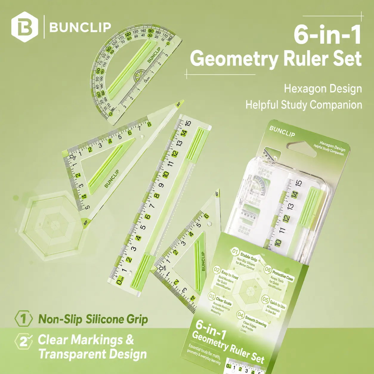 EpenGo Honeycomb Anti-Slip Geometry Ruler Set – 4-Piece Student Math Measuring Kit with Eye-Friendly Green Markings, Includes 15cm Straight Ruler, Protractor & Triangle Rulers