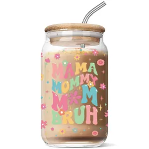 16oz Funny Portable Washable Reusable Coffee Glass Cup - Thoughtful Mothers Day Mom Gift for New Mothers - Ideal for Christmas, Birthday Celebrations