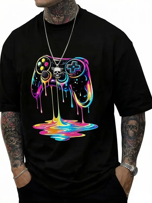 Men'S 'A Colorful Melting Game Controller' T-Shirt, Round Neck Tee Casual Clothing, Spring And Summer Menswear Short