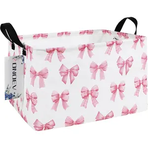 Rectangular Pink Bow Storage Basket,Collapsible Storage Bin for Nursery,Cute Bow Toy Storage Organizer for Kids Girls,for Home,Bedroom,Playroom,Closet,New Parent Gift (Pink Knot)